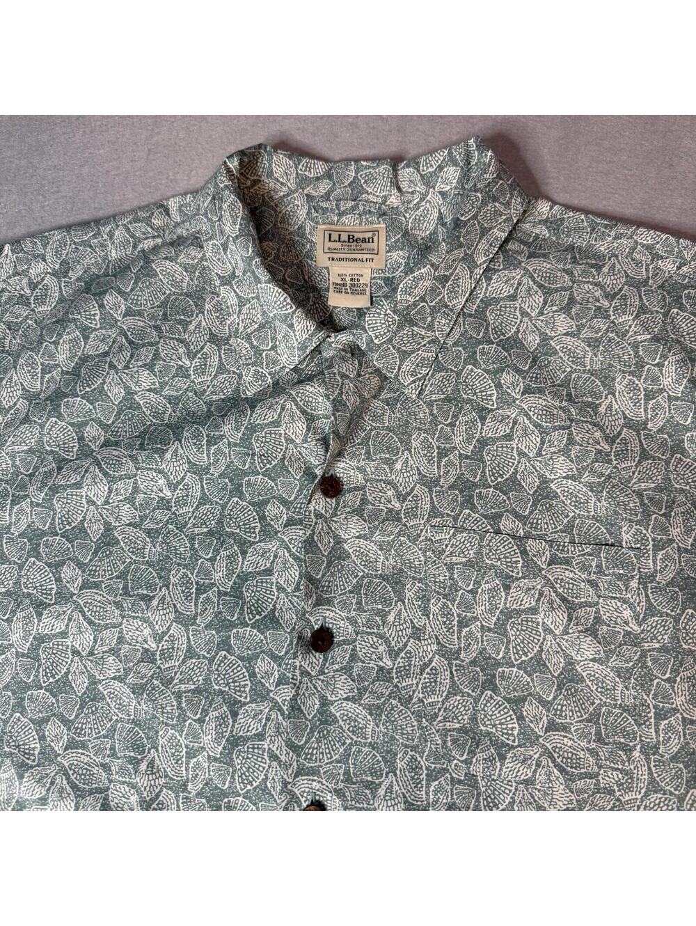 LL BEAN GREEN ALL OVER PATTERN BUTTON DOWN SHIRT SHORT SLEEVE XL VINTAGE